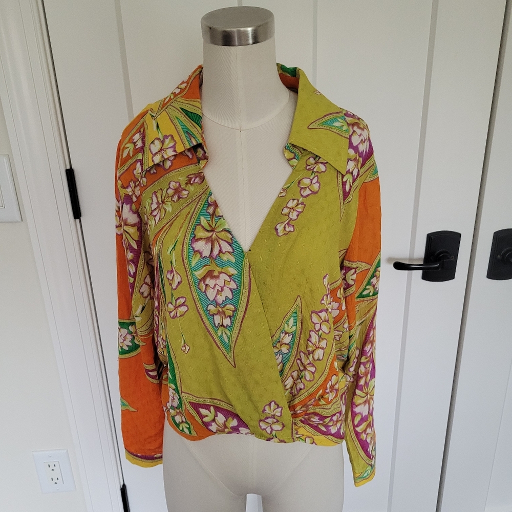 Haute Hippie Blouse Boho Green Orange Floral Long Sleeve Surplice Collar… - Picture 3 of 11